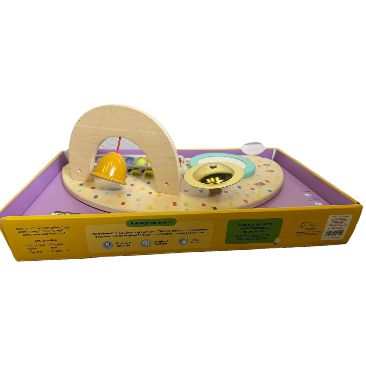 Gigglescape all-in-one wooden toddler musical instrument table with xylophone, drum, cymbal, and bell, suitable for ages 18 months+