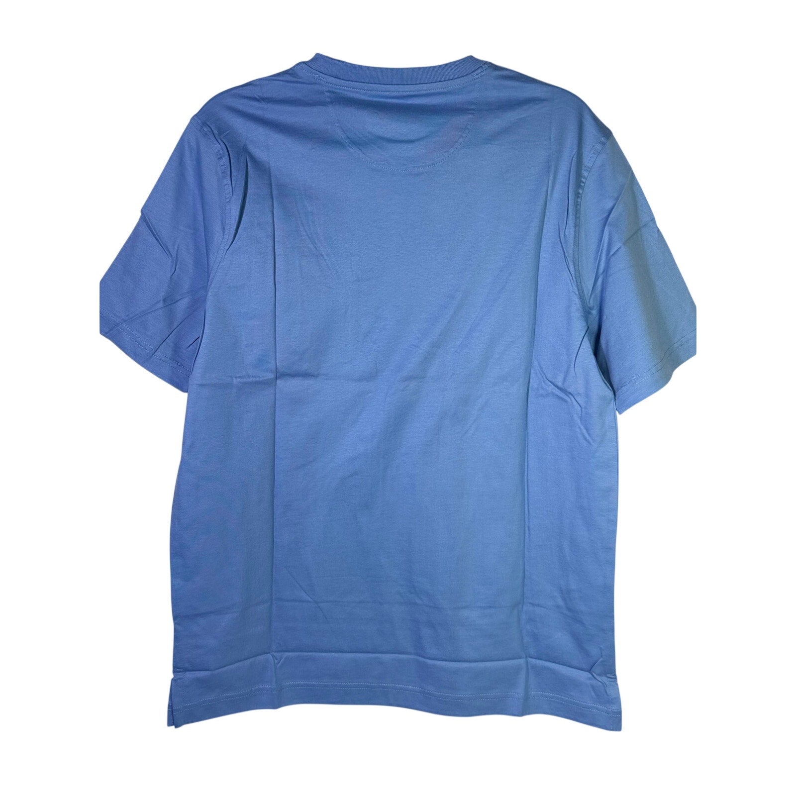 Greg Norman men's blue pocket T-shirt with relaxed fit, size small, showcasing front pocket and soft cotton fabric.