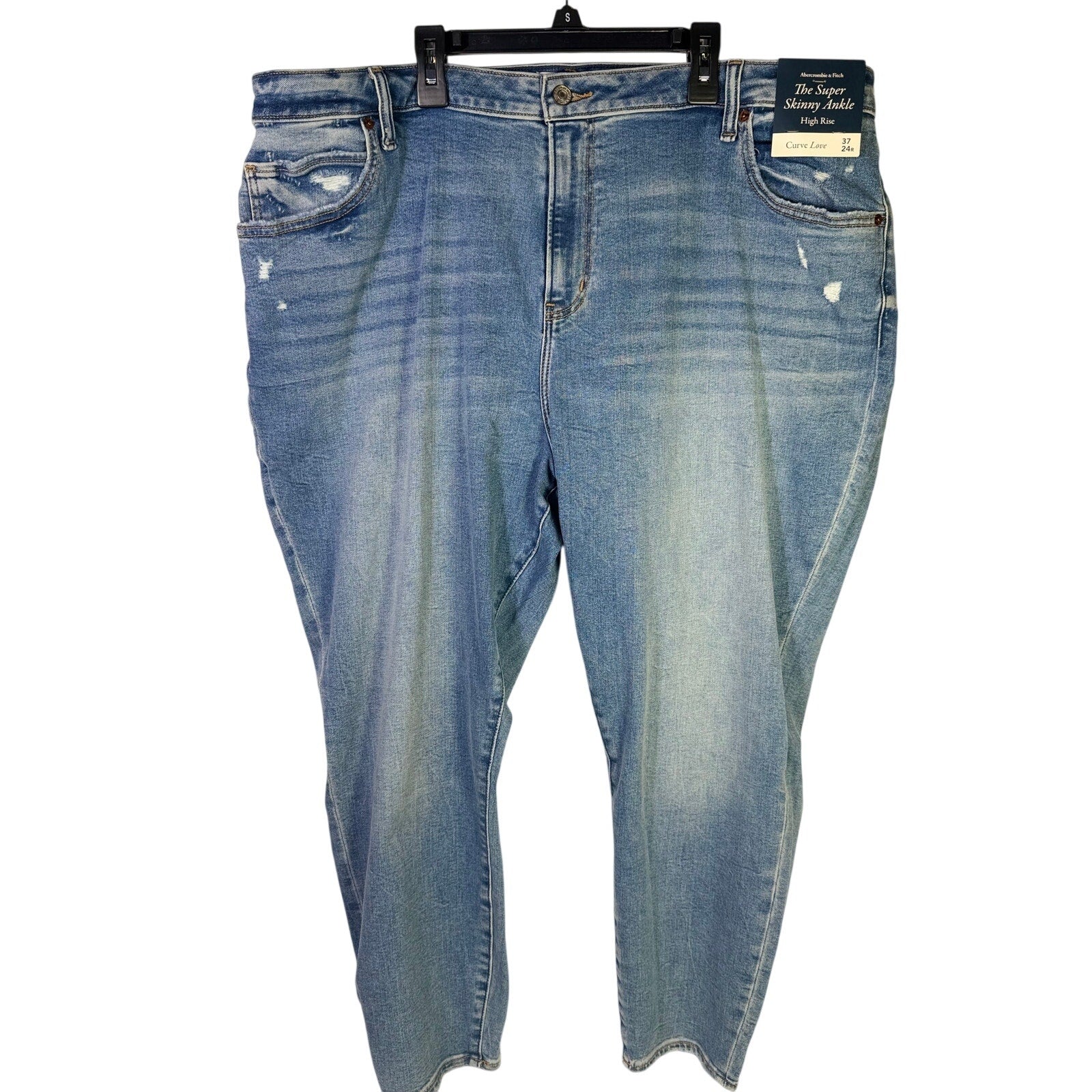 Abercrombie & Fitch Curve Love super skinny ankle jeans for women, size 24R, shown flat in dark denim with front and back views.