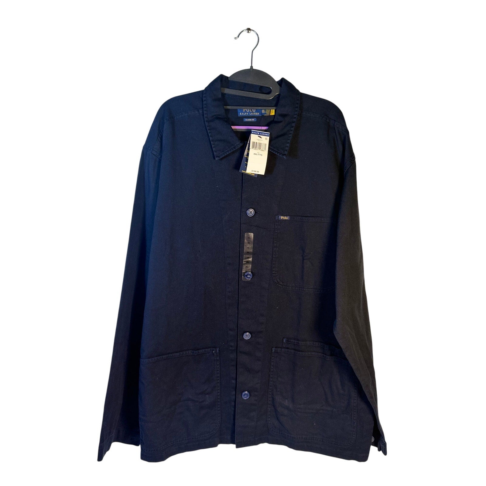 Navy Polo Ralph Lauren men's classic fit chore jacket with button front, shown in size XXL on a hanger.