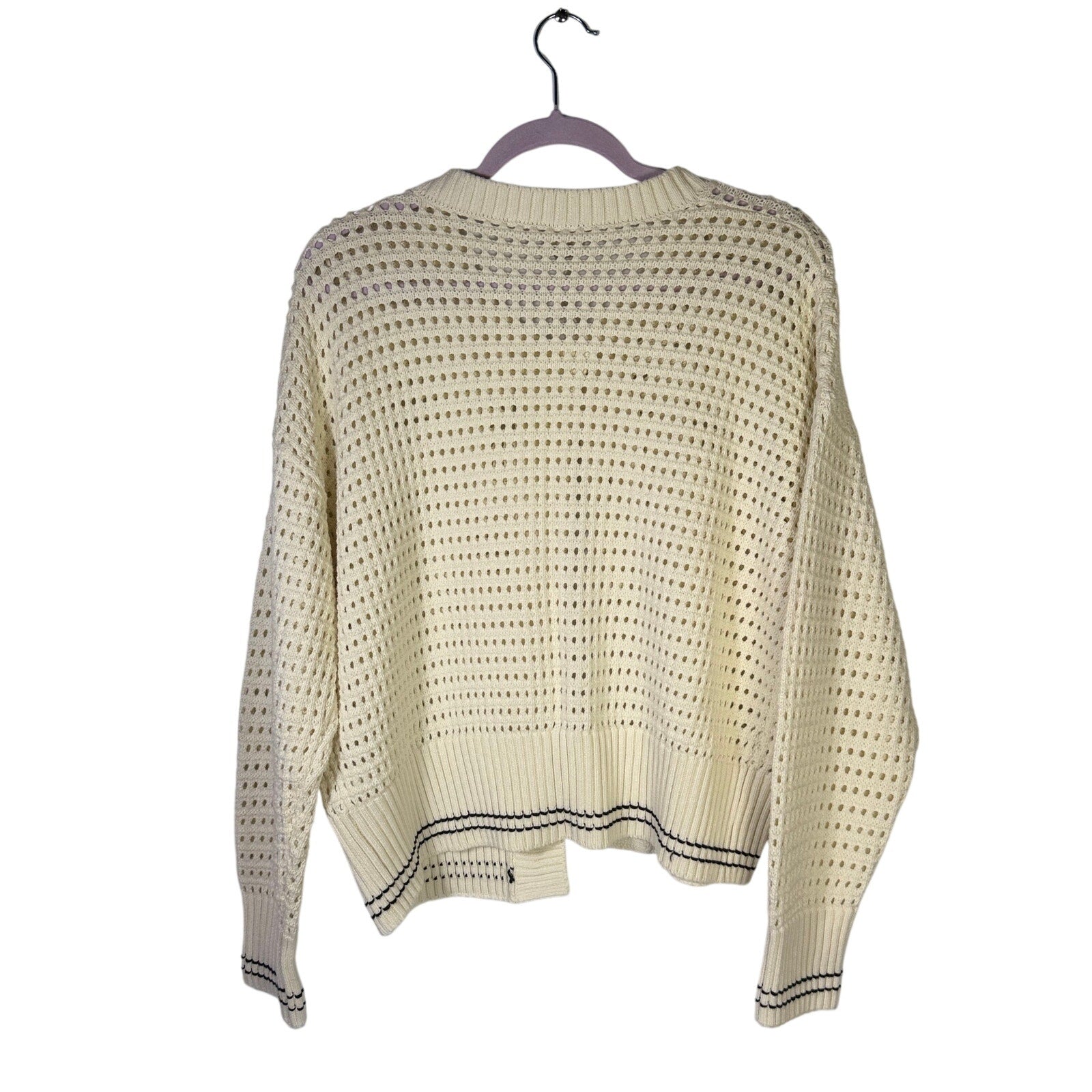 Magaschoni women's cream open-knit button cardigan sweater, size large, featuring a stylish knit design and buttons.