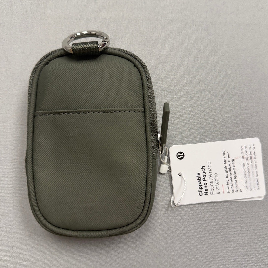 Lululemon gray and green clippable Nano pouch handbag with zipper, new with tags, compact and stylish mini bag for essentials