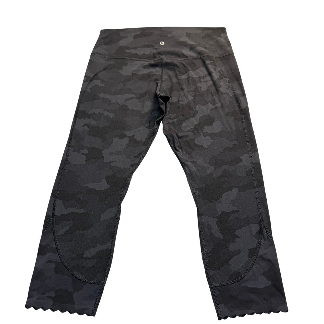 Lululemon Athletica women's Capri leggings in size 14, Deep Coal Camo black and grey, shown on a model.