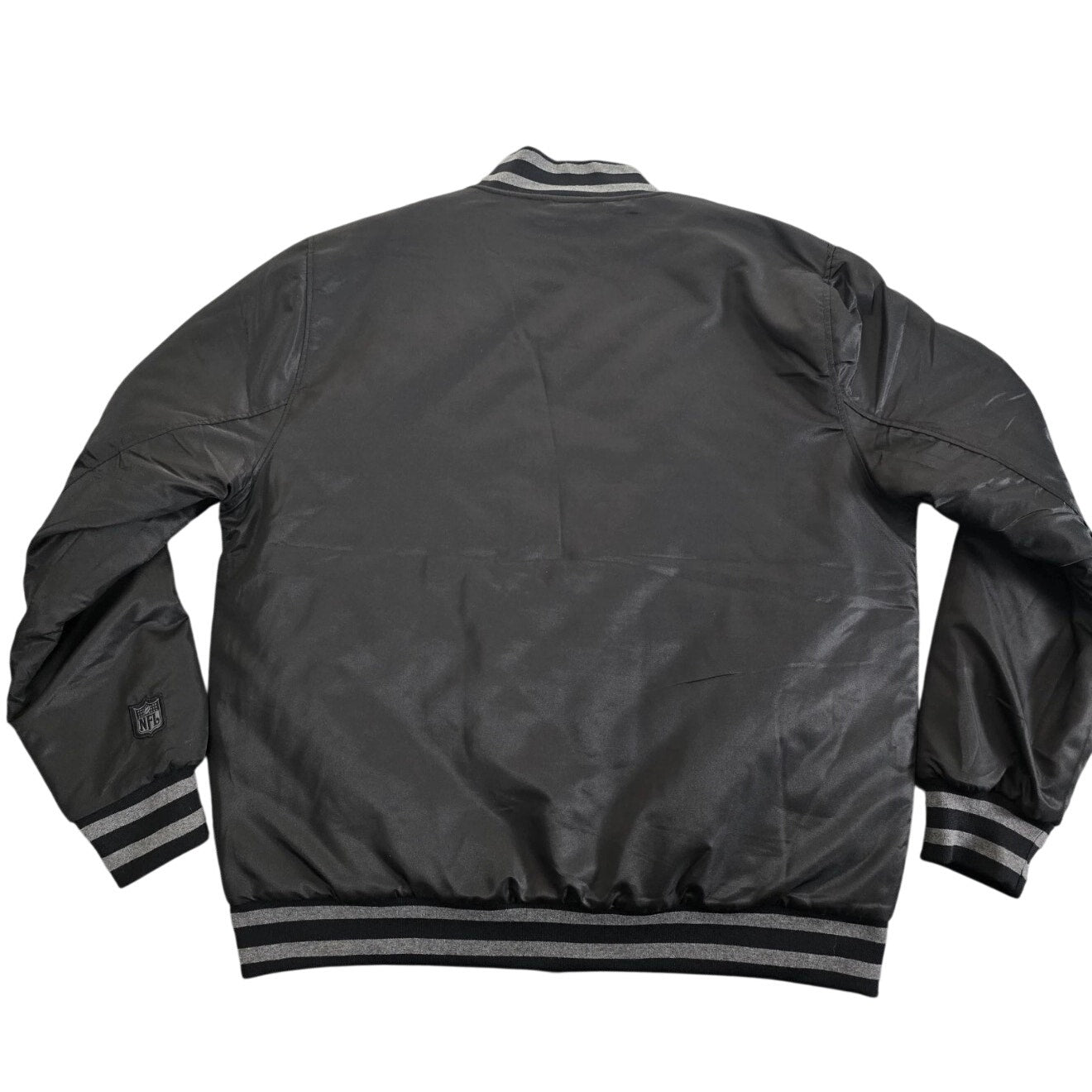 NFL men's varsity bomber jacket in black and gray with snap front, size large, featuring team logo and athletic style.
