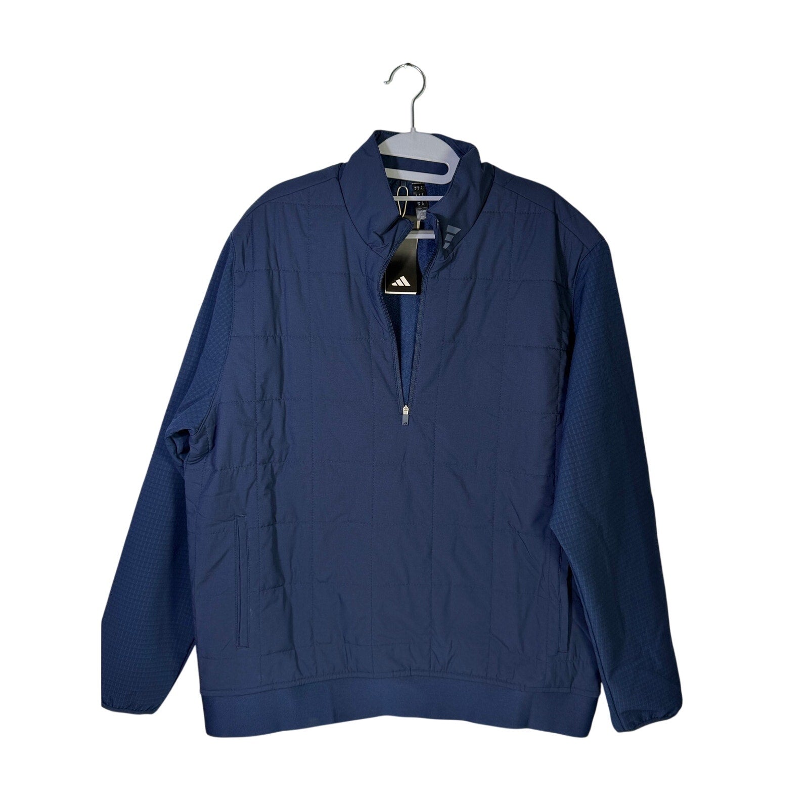 Adidas Ultimate365 Quilted DWR men's navy blue golf jacket, size L, lightweight and water-resistant, with quilted design.