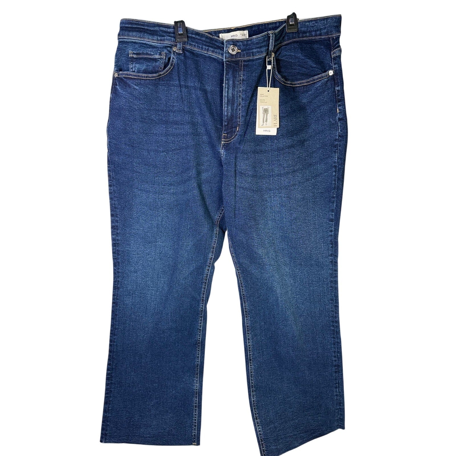 MNG women's medium wash straight leg jeans in size 16, displayed on a hanger with a clean background.