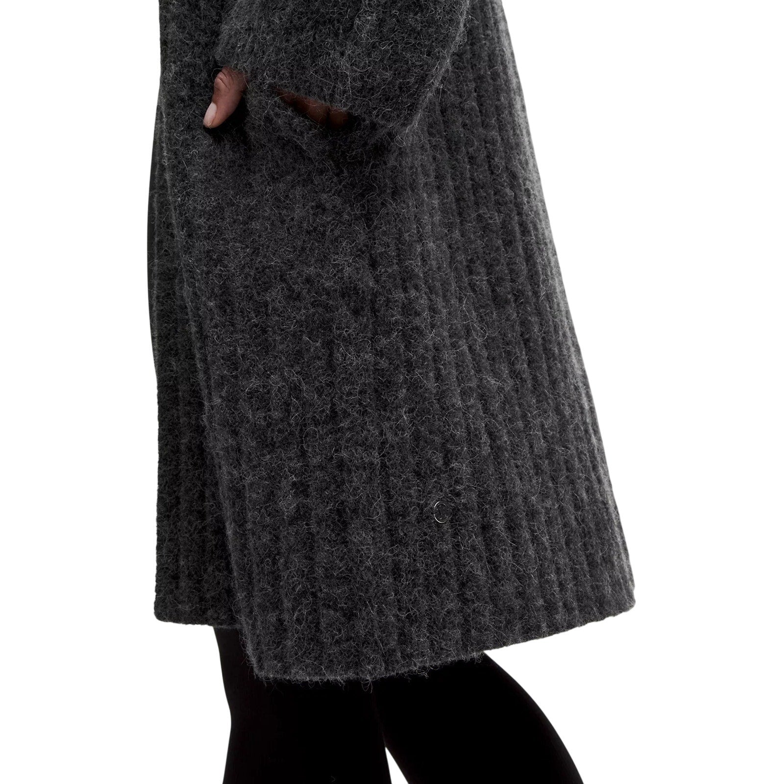 Lululemon women's textured knit long cardigan sweater in charcoal gray with open front and relaxed fit, styled on a model.
