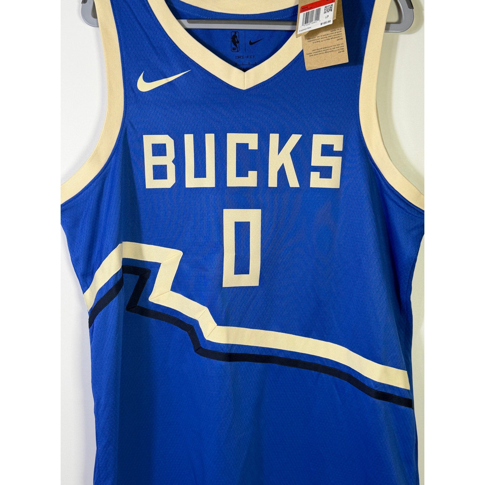 Nike Milwaukee Bucks Damian Lillard #0 City Edition swingman jersey for men, featuring team colors and Nike branding.