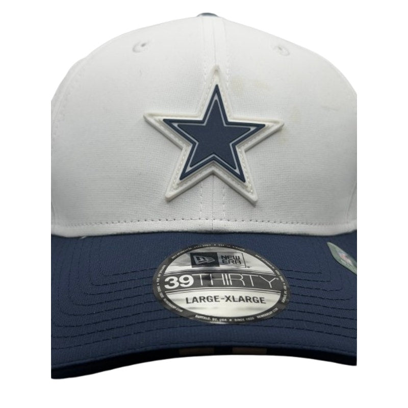 White and navy Dallas Cowboys NFL New Era 39THIRTY hat with structured crown and curved brim, size Large to XL, new with tags.