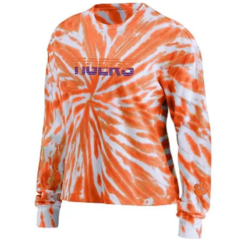 Women’s orange tie-dye Clemson Tigers long sleeve T-shirt by Wear by Erin Andrews, size 2XL, featuring team logo and vibrant pattern.