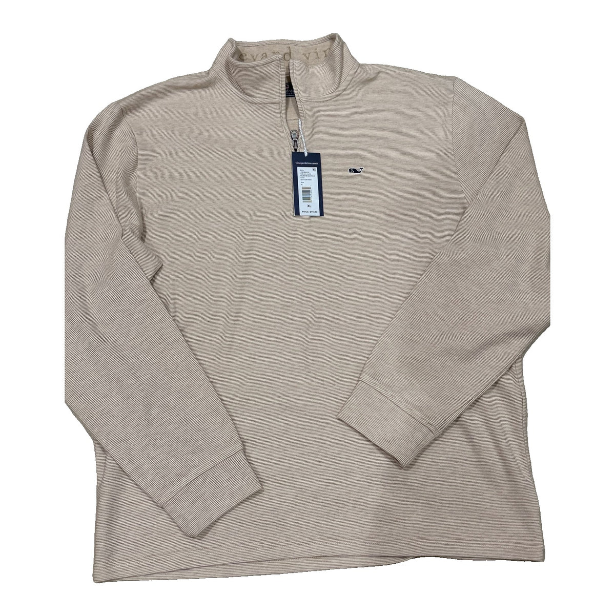 Vineyard Vines men's XL saltwater quarter zip pullover in officer khaki with navy stripes, new with tags.