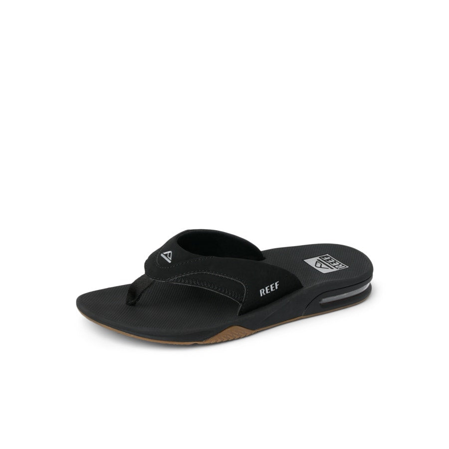 Reef Fanning men's flip-flop sandals in size 8, featuring black straps and cushioned footbed for casual summer wear.