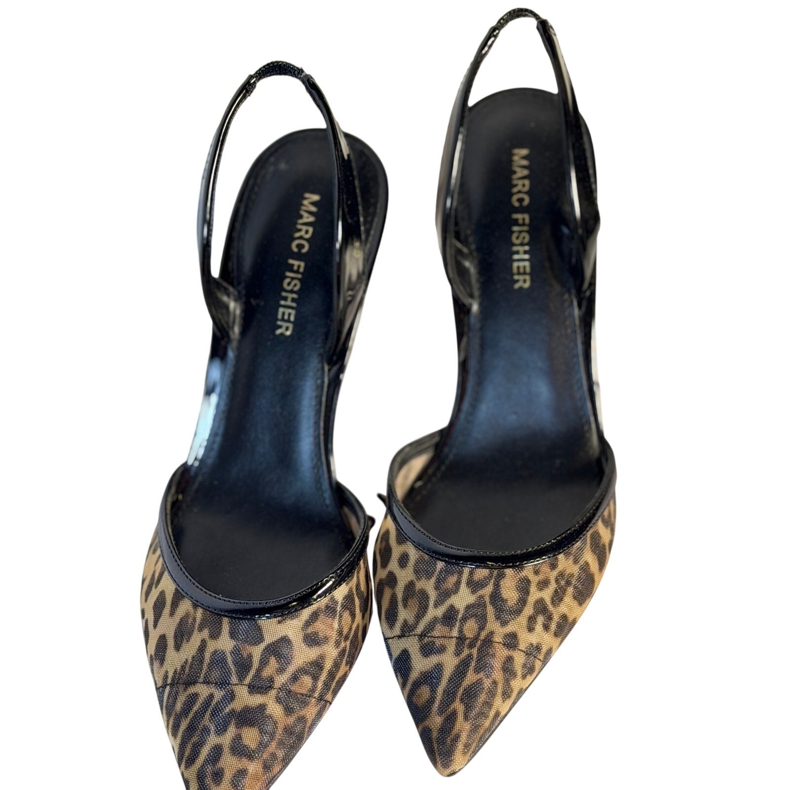 Marc Fisher Hadya leopard print slingback pumps for women, US 6M, pointed toe, stylish and comfortable for everyday wear.