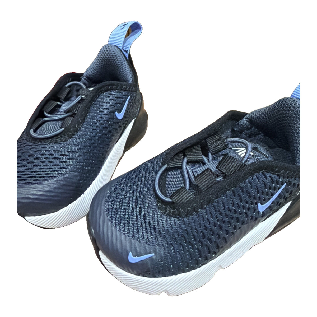 Nike Air Max 270 toddler sneakers in navy, blue, and white, size 4C, with visible damage to the box.