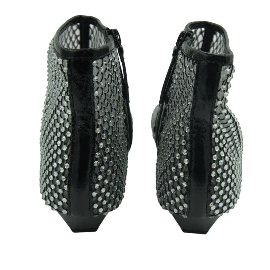 Rebecca Minkoff crystal mesh women's black boots with 40mm heel, size 8M, featuring sparkling details and stylish design.