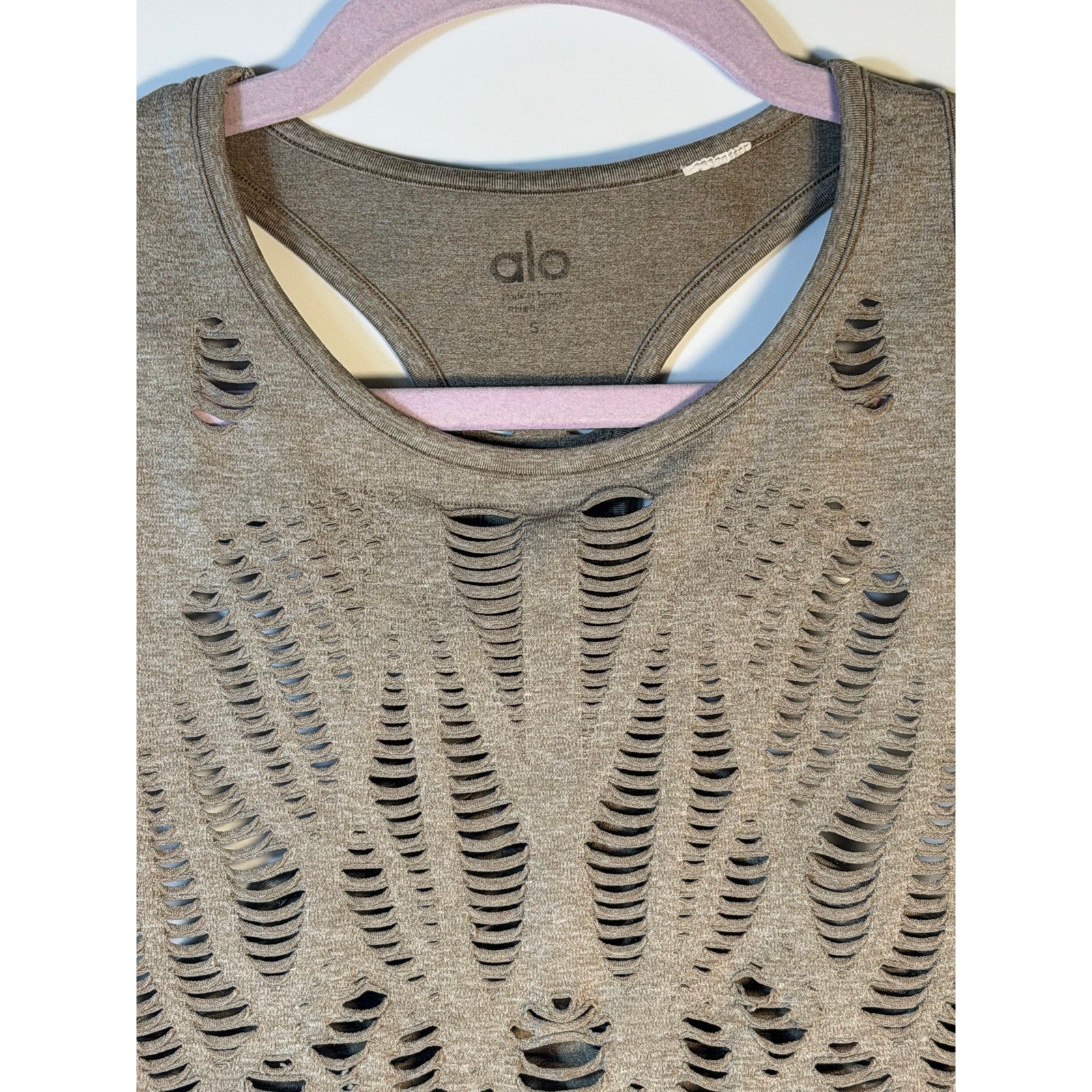 Gray Alo Yoga Seamless open-knit racerback tank top for women, featuring a fitted design and breathable fabric for activewear.