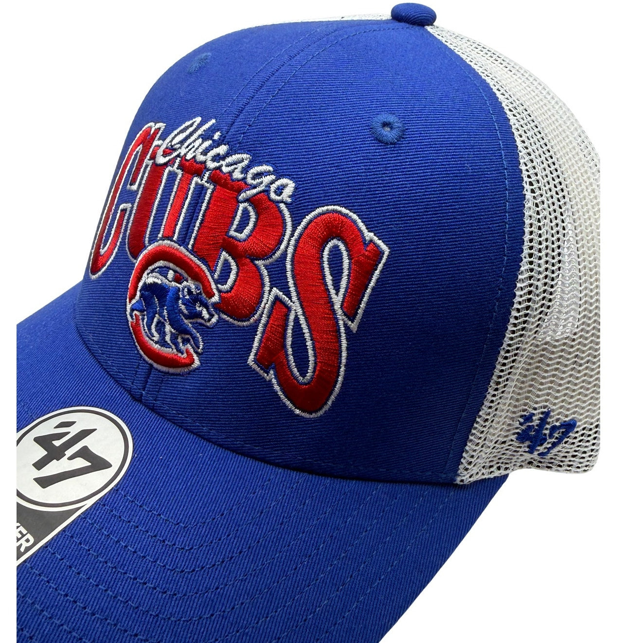Blue and white Chicago Cubs MLB ’47 trucker hat with adjustable strap, featuring team logo on front, designed for fans.