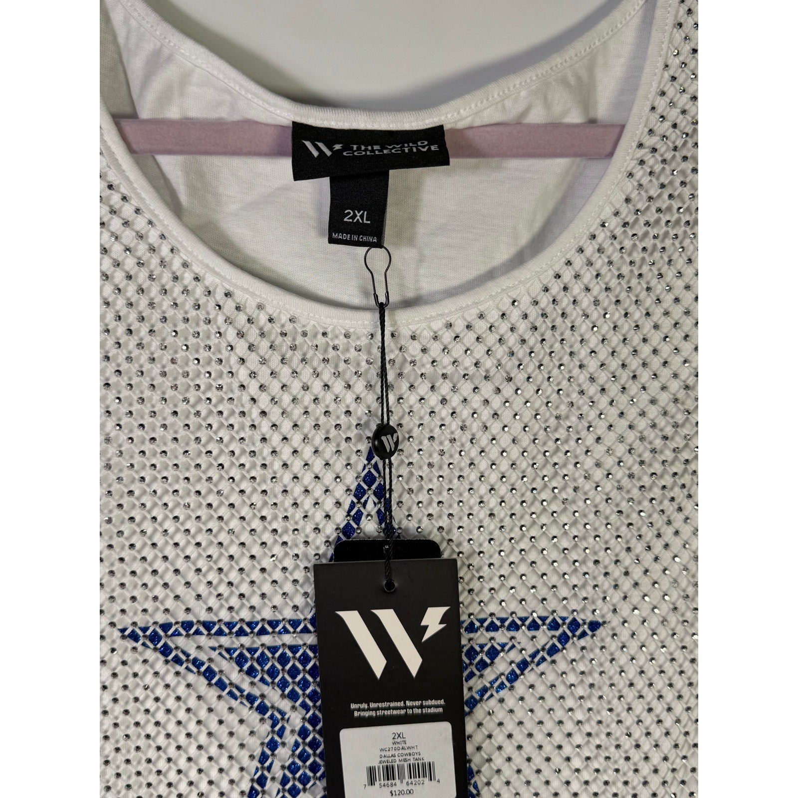 White Dallas Cowboys jeweled mesh tank top for women, size 2XL, by Wear by Erin Andrews, featuring sparkling embellishments.