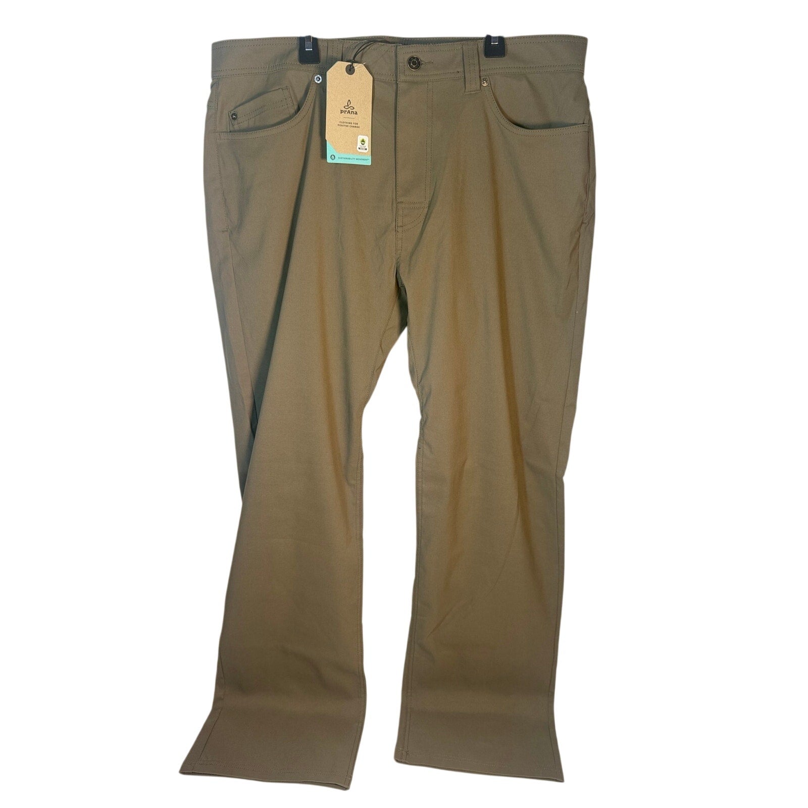 prAna men's Brion pants in slate green, size 36x32, made of stretch Zion fabric, front view showing relaxed fit and waistband