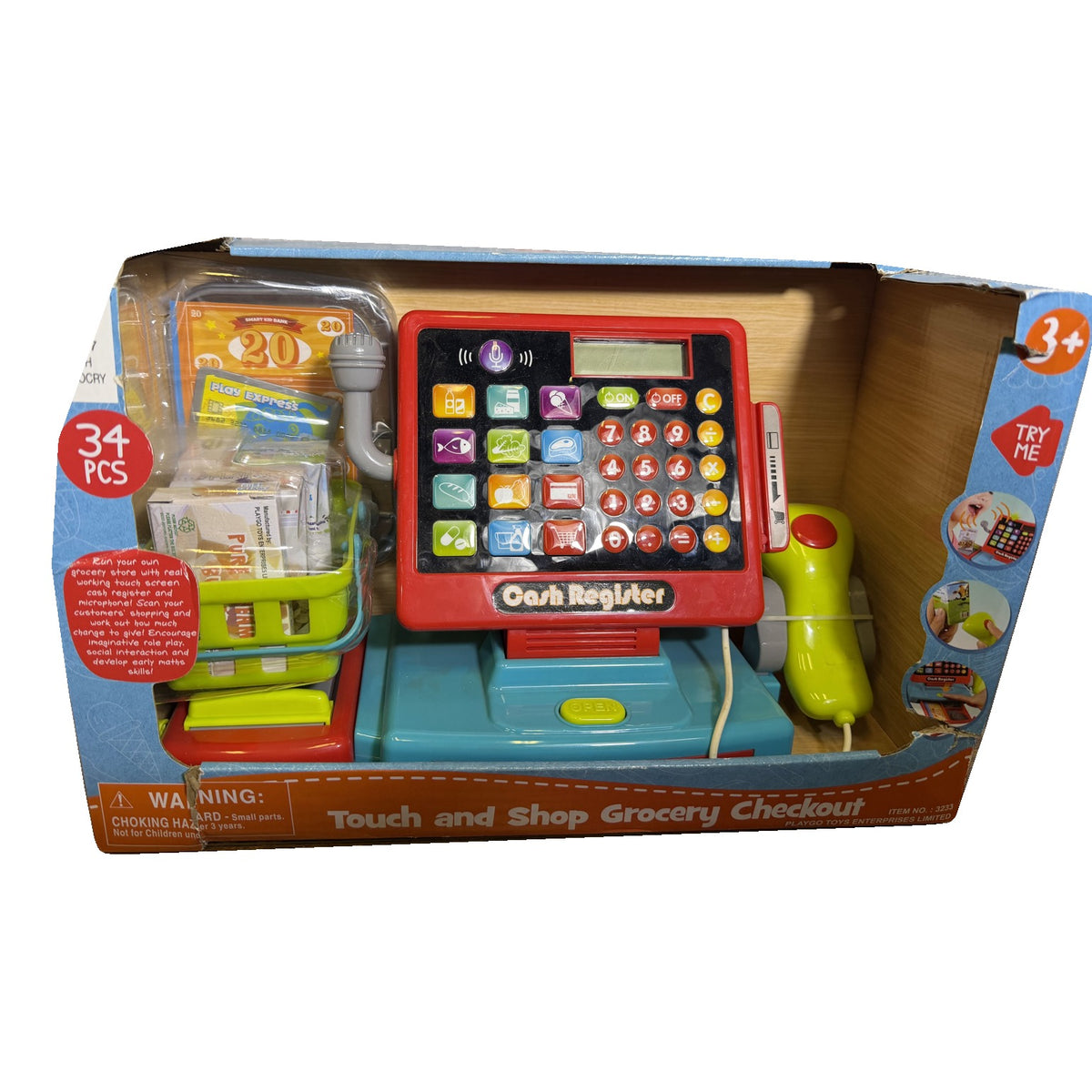PlayGo Touch and Shop grocery checkout cash register toy set with scanner, microphone, play money, and 34 pieces for pretend play.