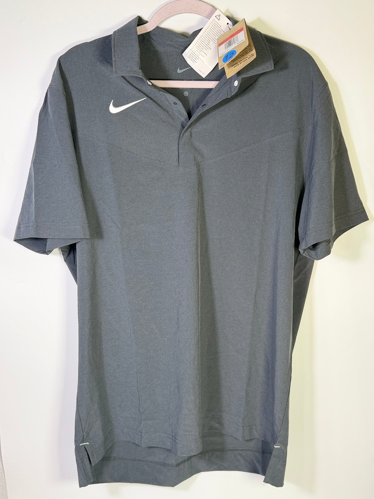 Nike Dri-FIT men's gray football sideline polo shirt, large size, lightweight moisture-wicking athletic clothing.