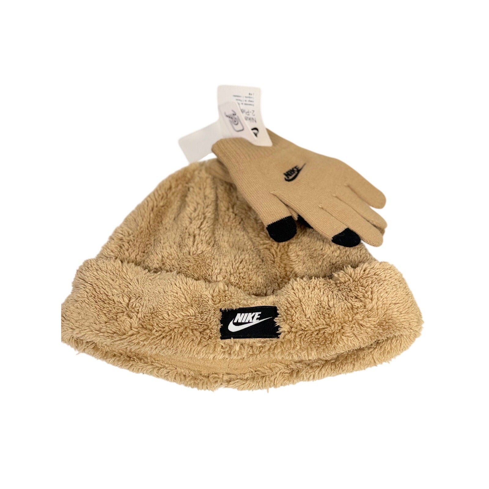 Nike tan sherpa neck warmer and touchscreen gloves 2-piece set, showing cozy, soft fabric and stylish winter accessories.
