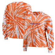 Women’s orange tie-dye Clemson Tigers long sleeve T-shirt by Wear by Erin Andrews, size 2XL, with team logo and vibrant pattern.