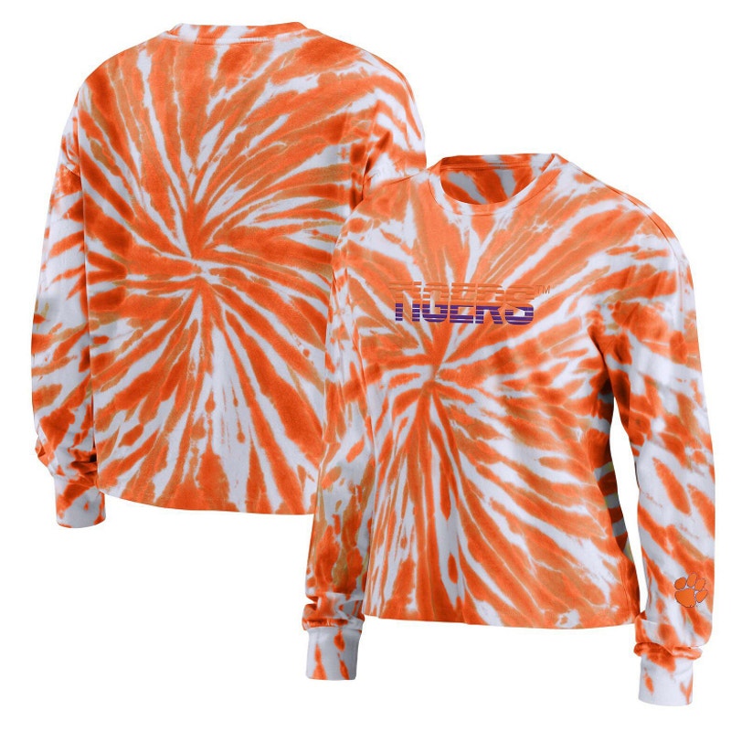 Women’s orange tie-dye Clemson Tigers long sleeve T-shirt by Wear by Erin Andrews, size 2XL, with team logo and vibrant pattern.