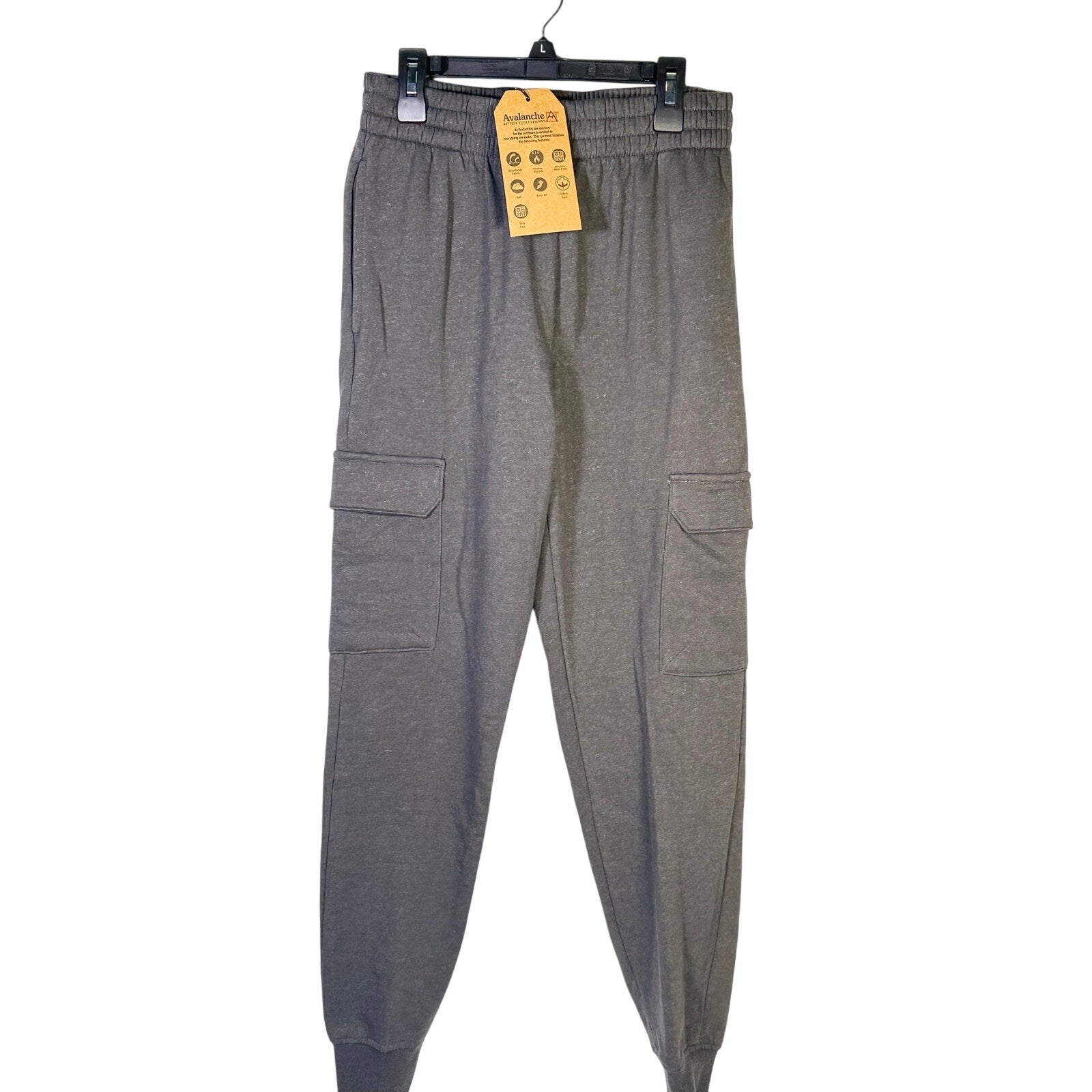 Gray Avalanche boys' cargo jogger sweatpants in size large 14/16, featuring multiple pockets and a comfortable fit.