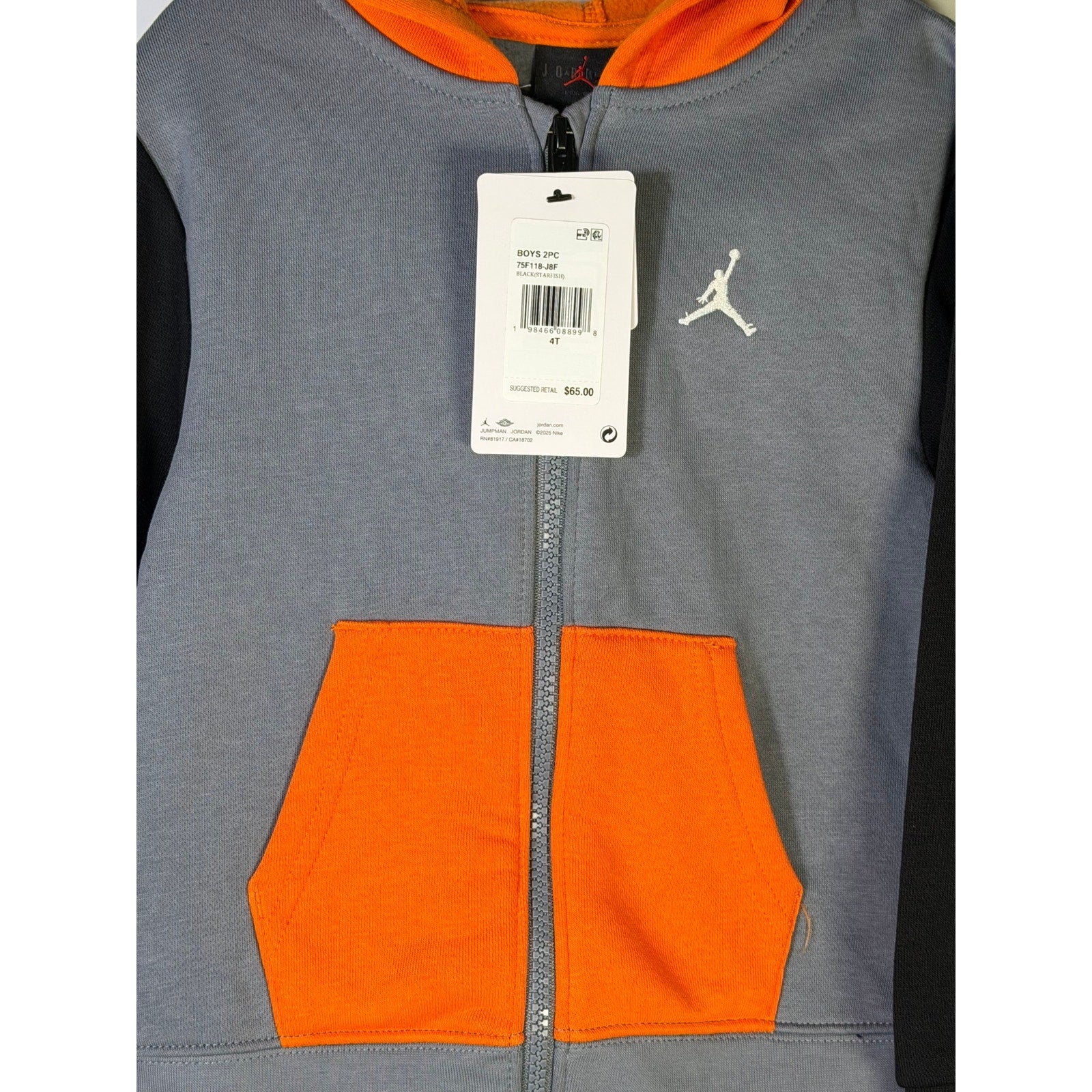 Jordan boys' 2-piece hoodie and jogger pants set in gray, black, and orange, size 4T, new with tags.