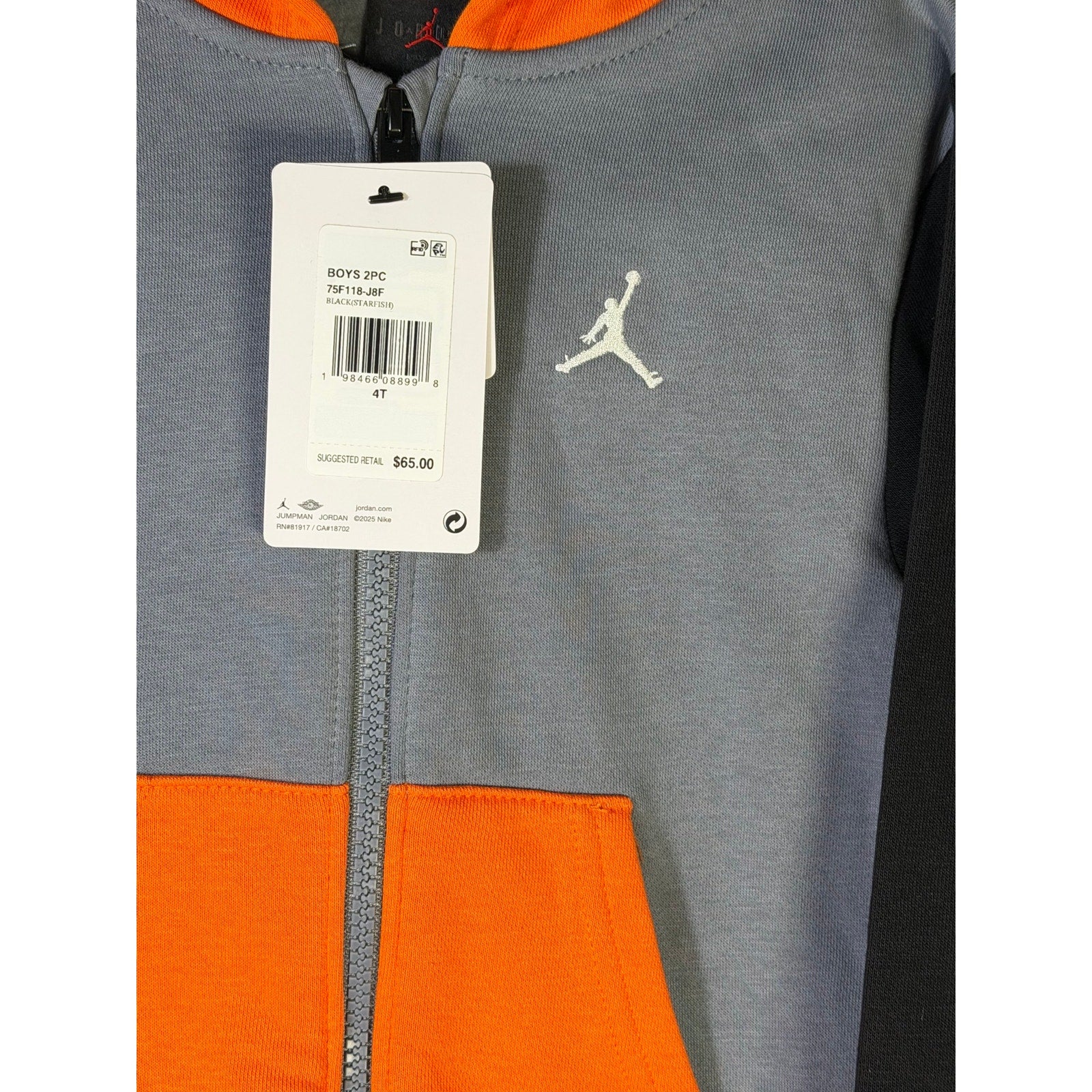 Jordan boys gray and black hoodie and jogger pants set in size 4T, featuring orange accents, front view with hoodie and pants.
