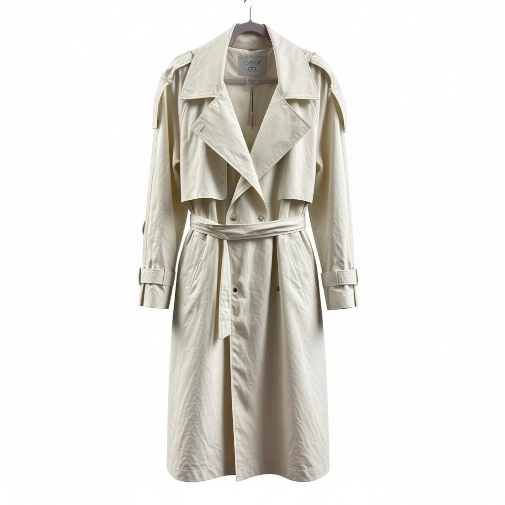 Calia women's hooded trench coat in cream, lightweight belted jacket, front view, size XL, stylish and versatile outerwear.