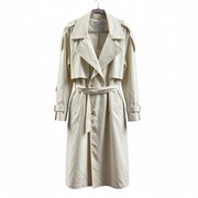 Calia women's hooded trench coat in cream, lightweight belted jacket, front view, size XL, stylish and versatile outerwear.
