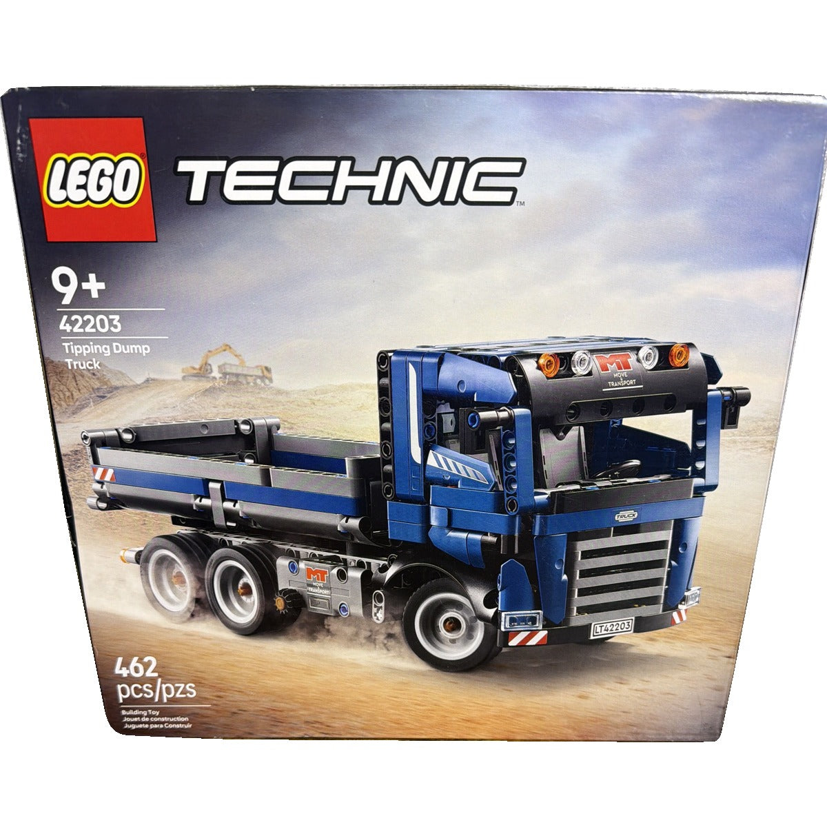 LEGO Technic tipping dump truck building set with 462 pieces, featuring detailed construction and functional tipping bed.