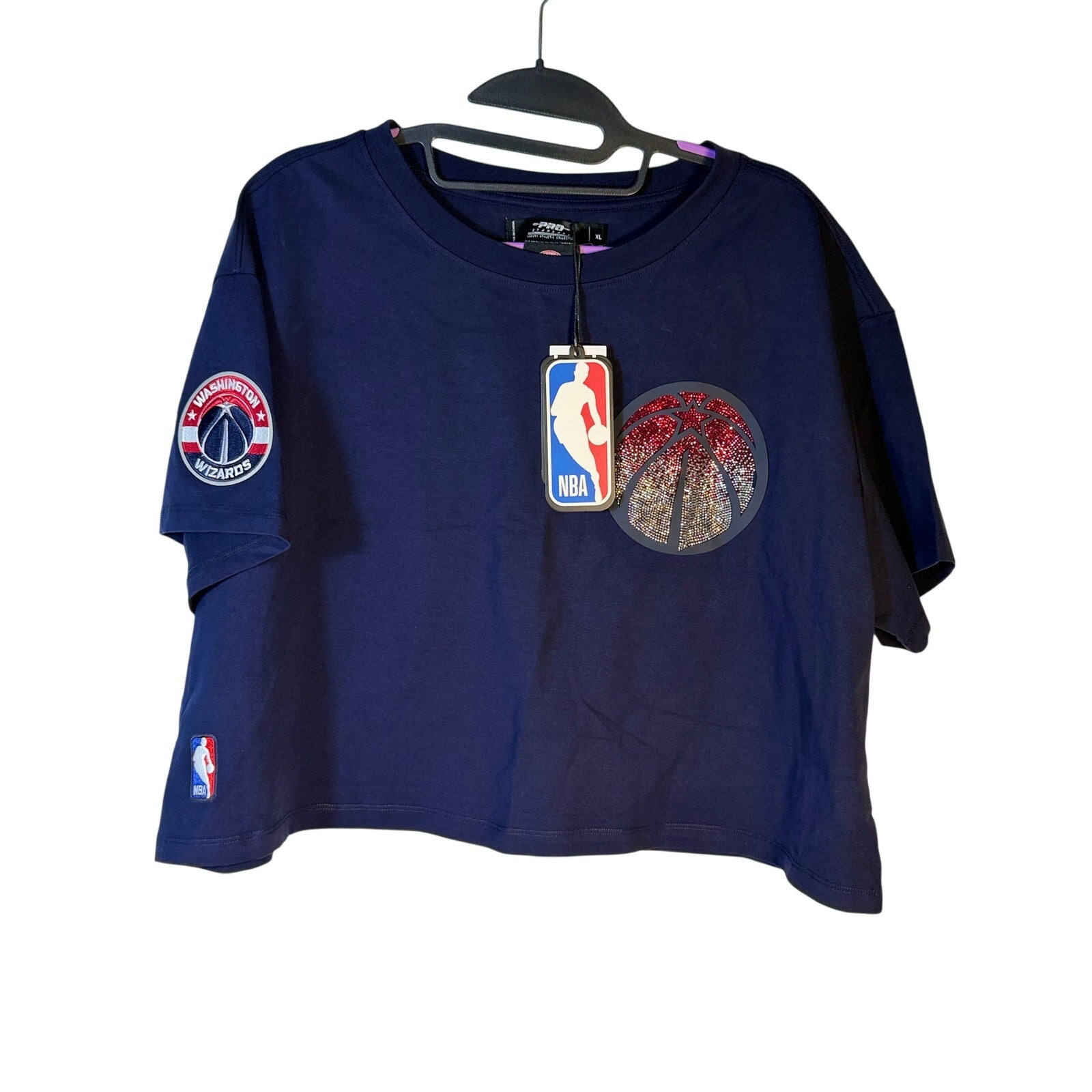 Women's XL Pro Standard Washington Wizards crop T-shirt with rhinestone logo, featuring a stylish graphic design.