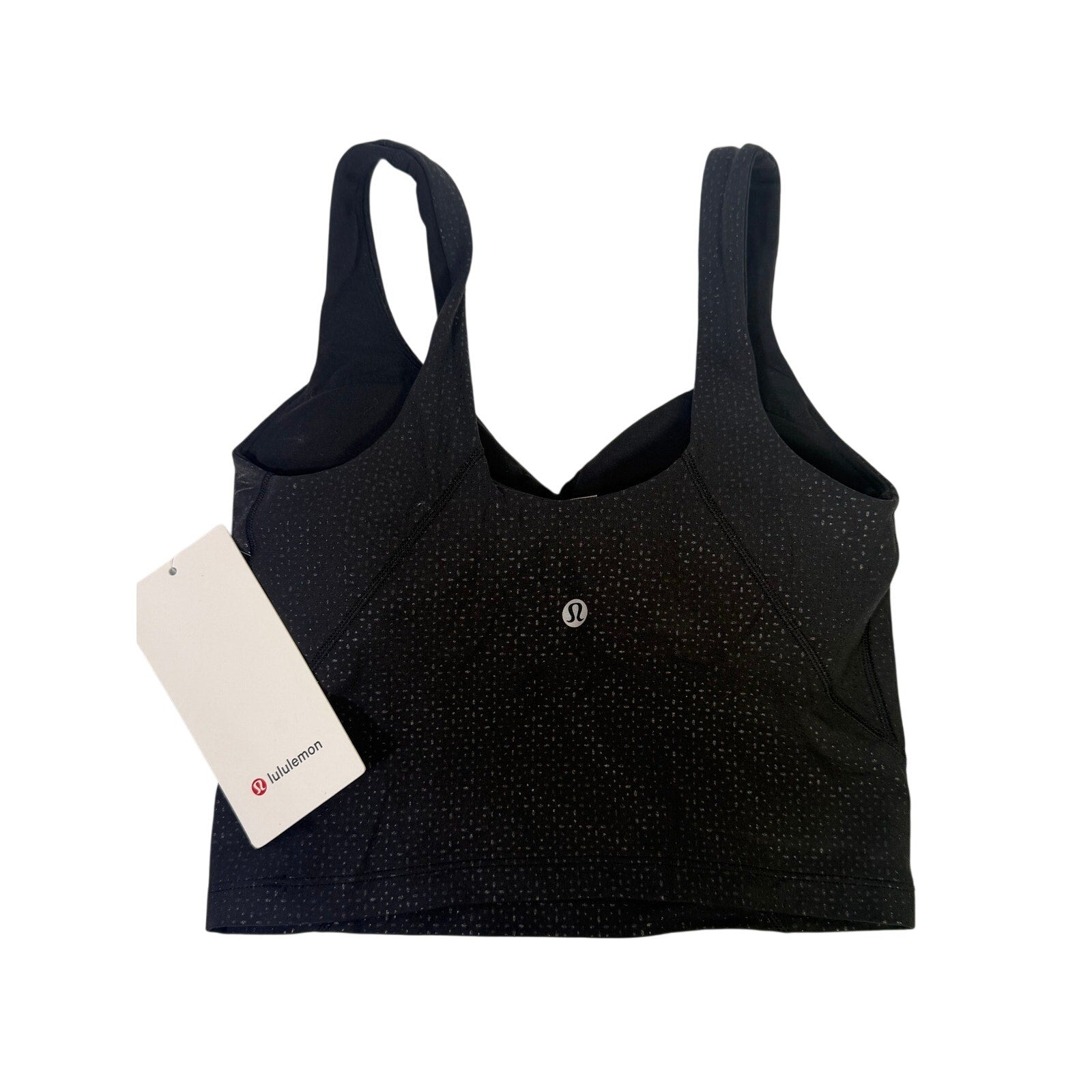 Lululemon Align Tank Top in black with sparkle detail, built-in bra, women's size 4, front view showing fitted athletic design.
