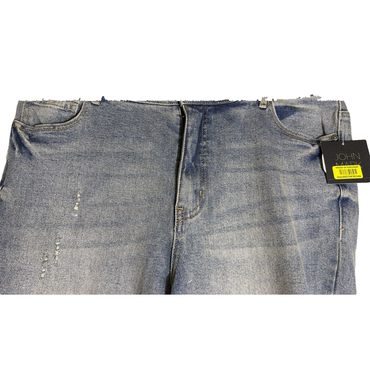John Mark women's boyfriend jeans size 14W with light wash, distressed details, fray hem, relaxed fit, front pockets, and casual style.