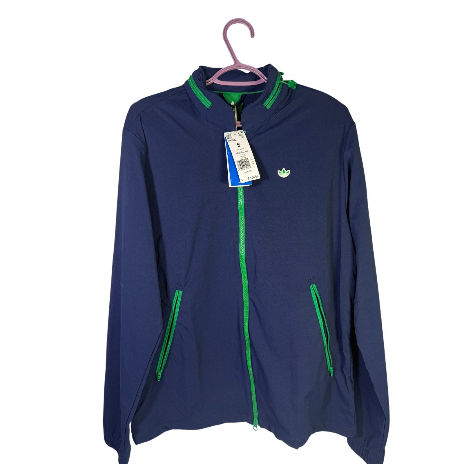Adidas men's golf full-zip jacket in Night Indigo Green, size small, showing front view with zipper and athletic fit.
