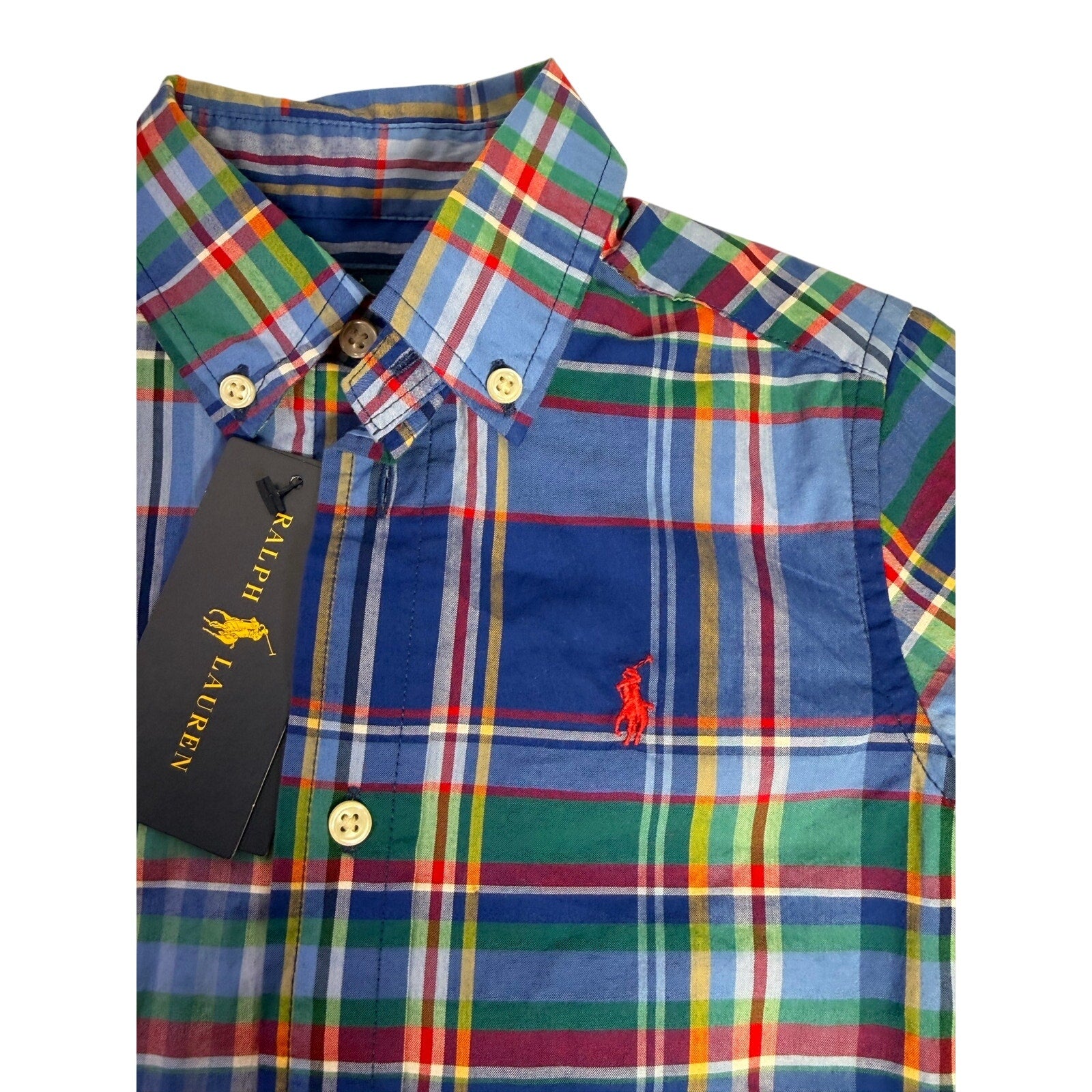 Ralph Lauren boys outfit set with navy plaid polo shirt and chino shorts for toddler sizes 2T and 4T, casual clothing for boys.