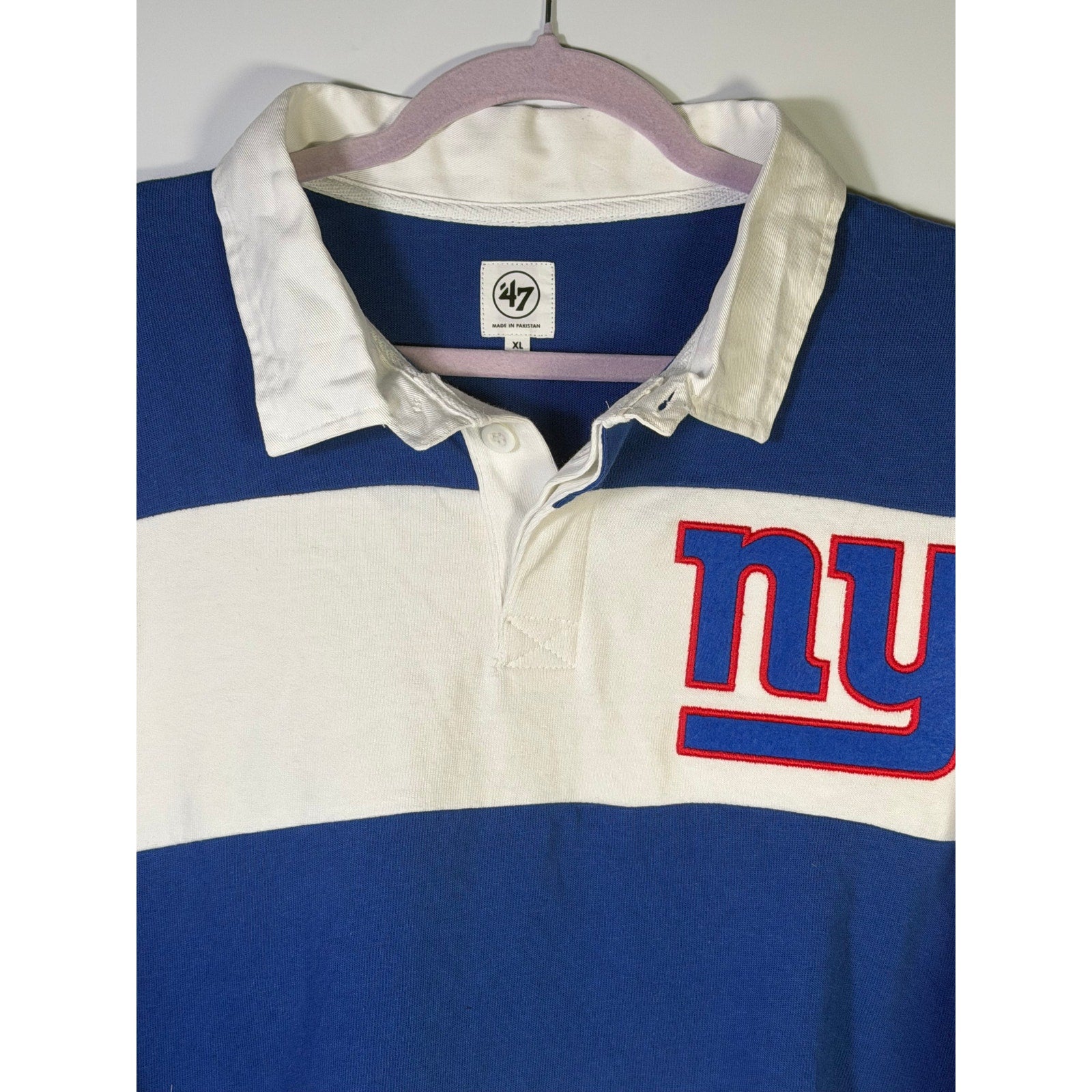 Men's 47 Brand New York Giants rugby shirt in blue and white stripes, long sleeve, size XL, new with tags.
