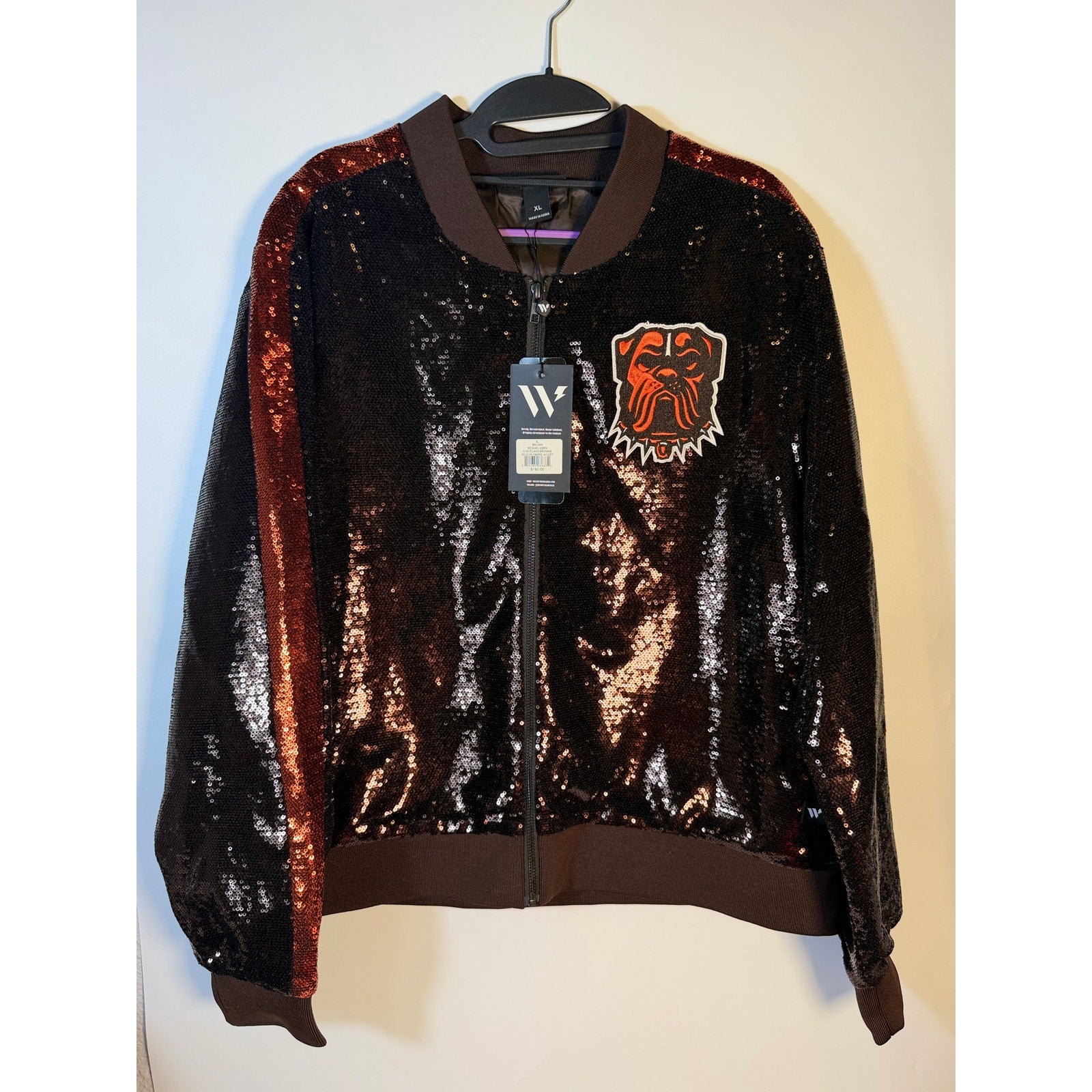 Women's XL The Wild Collective Cleveland Browns sequin ombre bomber jacket, featuring shiny sequins and a stylish ombre design.