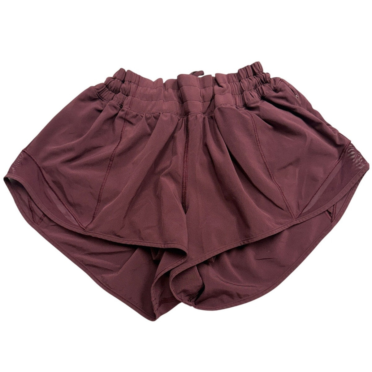Lululemon women's burgundy running shorts size 8 with lining, athletic shorts for active wear, shown on a white background.