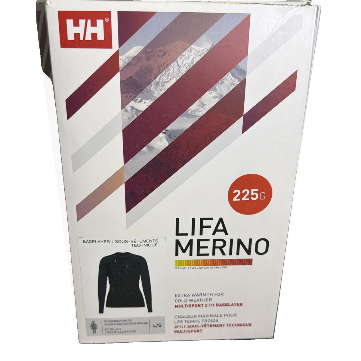 Helly Hansen Women's Lifa Merino midweight graphic crew base layer shirt in navy leopard, size L, with long sleeves and crew neckline.