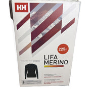 Helly Hansen Women's Lifa Merino midweight graphic crew base layer shirt in navy leopard, size L, with long sleeves and crew neckline.
