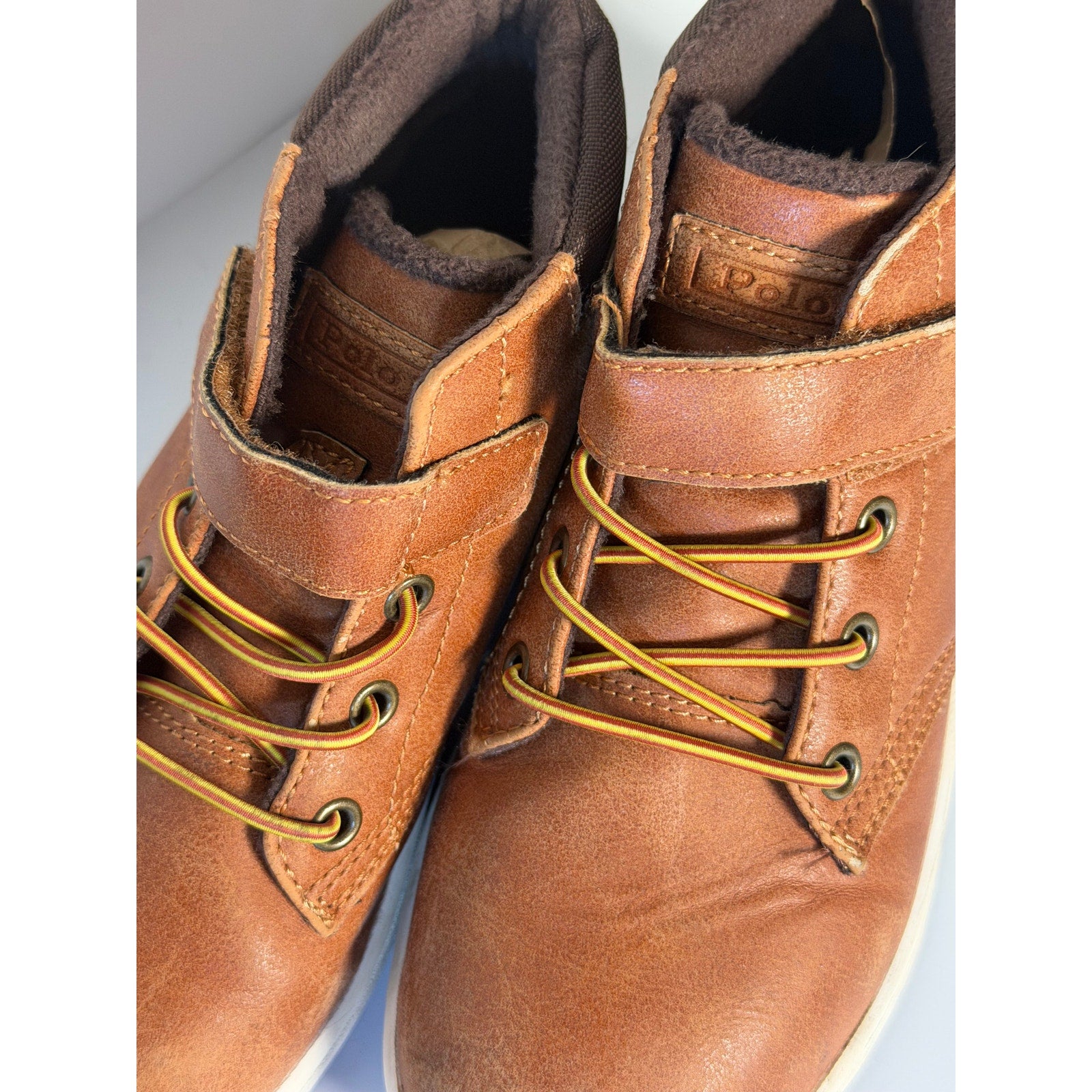 Pre-owned Polo Ralph Lauren kids' brown mid-top sneakers with hook-and-loop straps, US 13C, stylish and comfortable for children.