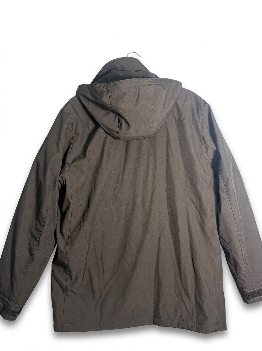 Weatherproof men's black stretch tech hooded jacket with quilted bib, designed for weather resistance and comfort in medium size.