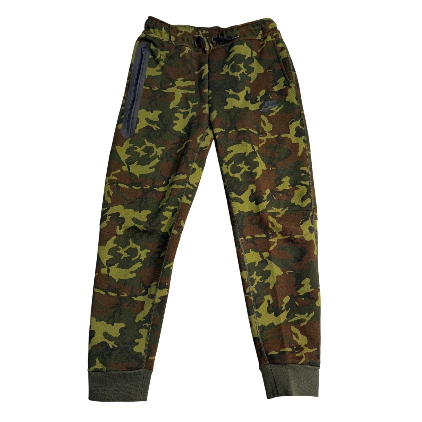 Nike Sportswear Tech Camo Jogger Pants for youth, large size, slim fit design with camouflage pattern and elastic waistband.