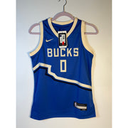 Nike Milwaukee Bucks Damian Lillard #0 City Edition youth jersey, size M 10/12, new with vibrant Bucks team colors and logo.