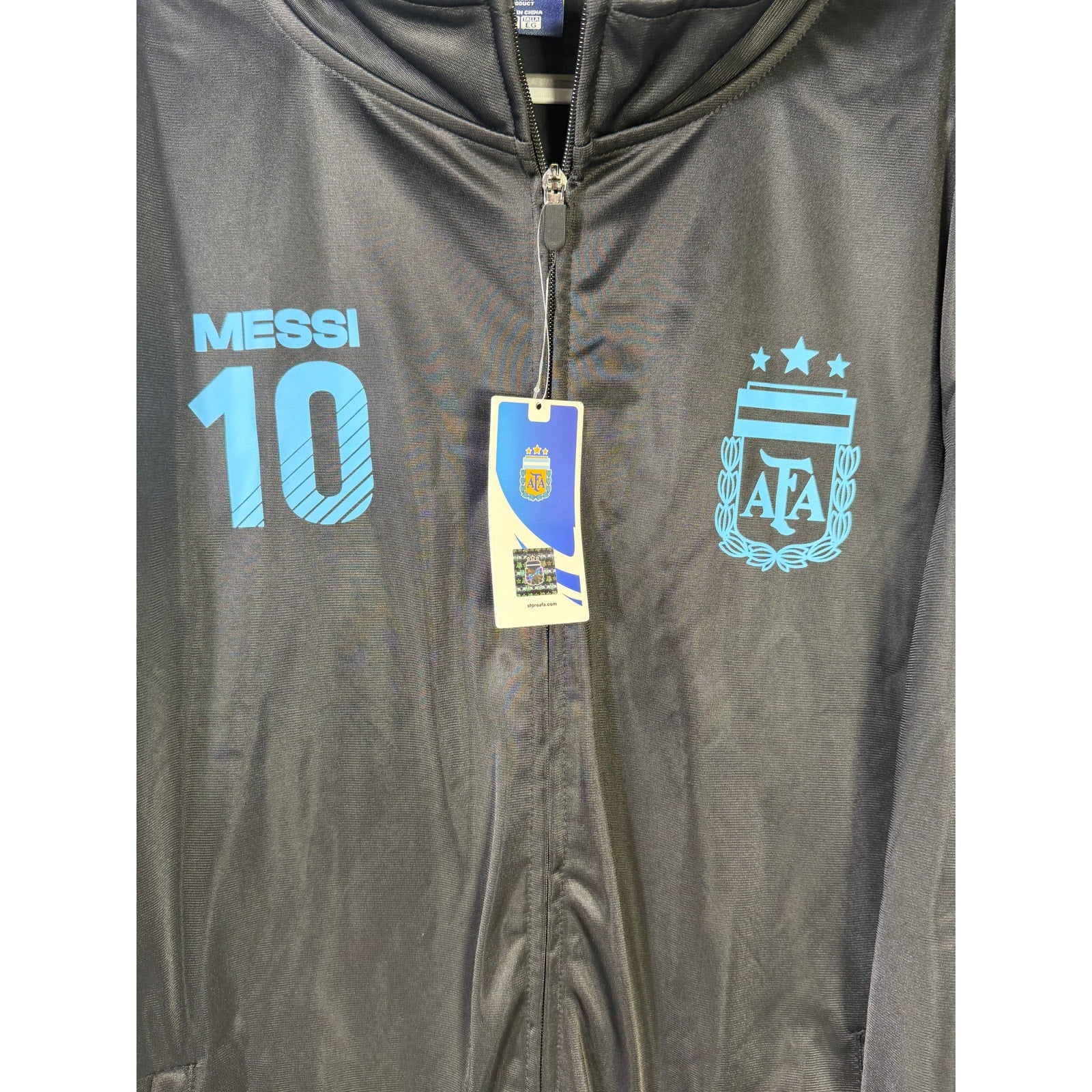 AFA Argentina Messi #10 full zip black and blue track jacket, official XL size, with team logo and design details.