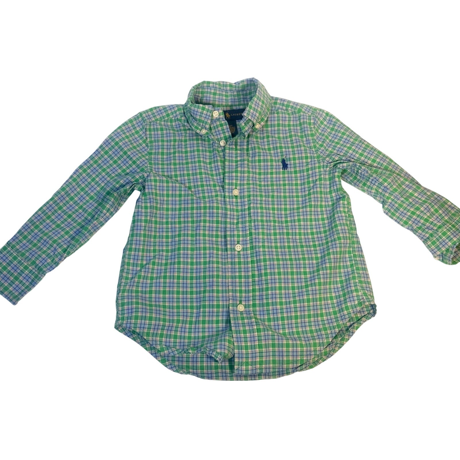 Ralph Lauren toddler boys plaid button-down shirt in green and blue, size 2/2T, with classic collar and long sleeves.